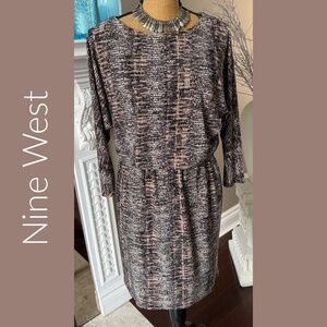 Nine West Blouson Waist Sheath Dress Taupe Black Abstract Print Career Wear Sz 2